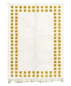 Handmade yellow and white checkered rug called Amber Border with mini grid border design.