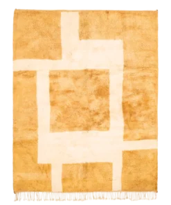 Abstract yellow rug with intersecting cream lines on ochre background – Amber Grid handmade wool rug