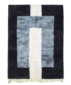 Abstract blue rug with navy, sky blue, and cream block lines – Ocean Gate Moroccan handmade wool rug.