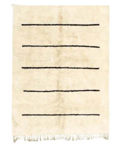 Handwoven striped Moroccan rug with black horizontal lines on beige wool – traditional Berber craftsmanship in a minimalist design