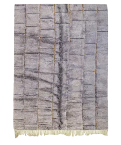 Atlas Fog gray checkered rug with golden stitch accents, handmade from wool by Berber artisans in Morocco