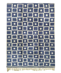 Beldi Indigo blue and white checkered rug with ivory diamond grid, handmade from wool by Berber artisans in Morocco