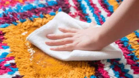 How to Clean a Moroccan Rug by blotting a colorful wool surface with a white cloth to remove a spill