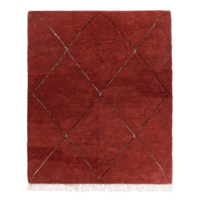Red Moroccan rug with soft wool texture, handmade to bring warmth and bold character to any living space.