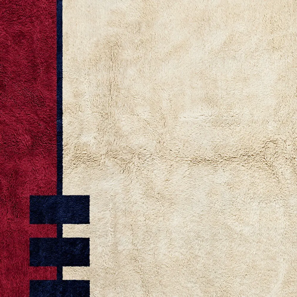 Red Frequency red area rug with bold red and beige color blocking and minimalist design