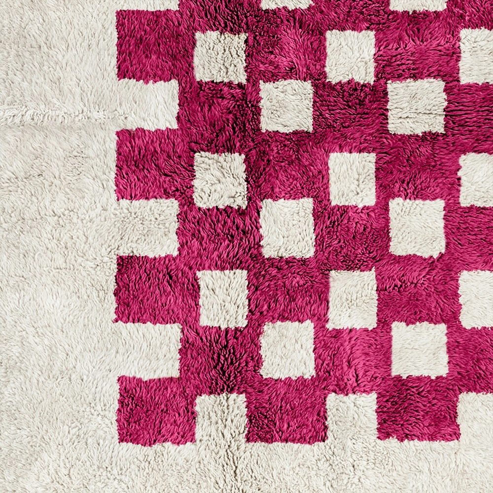Pink Checkmate white and pink Moroccan wool rug with geometric squares